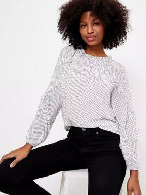 LOFT Ruffle Polka Dot Sheer Blouse, White Black, Romantic Feminine Workwear